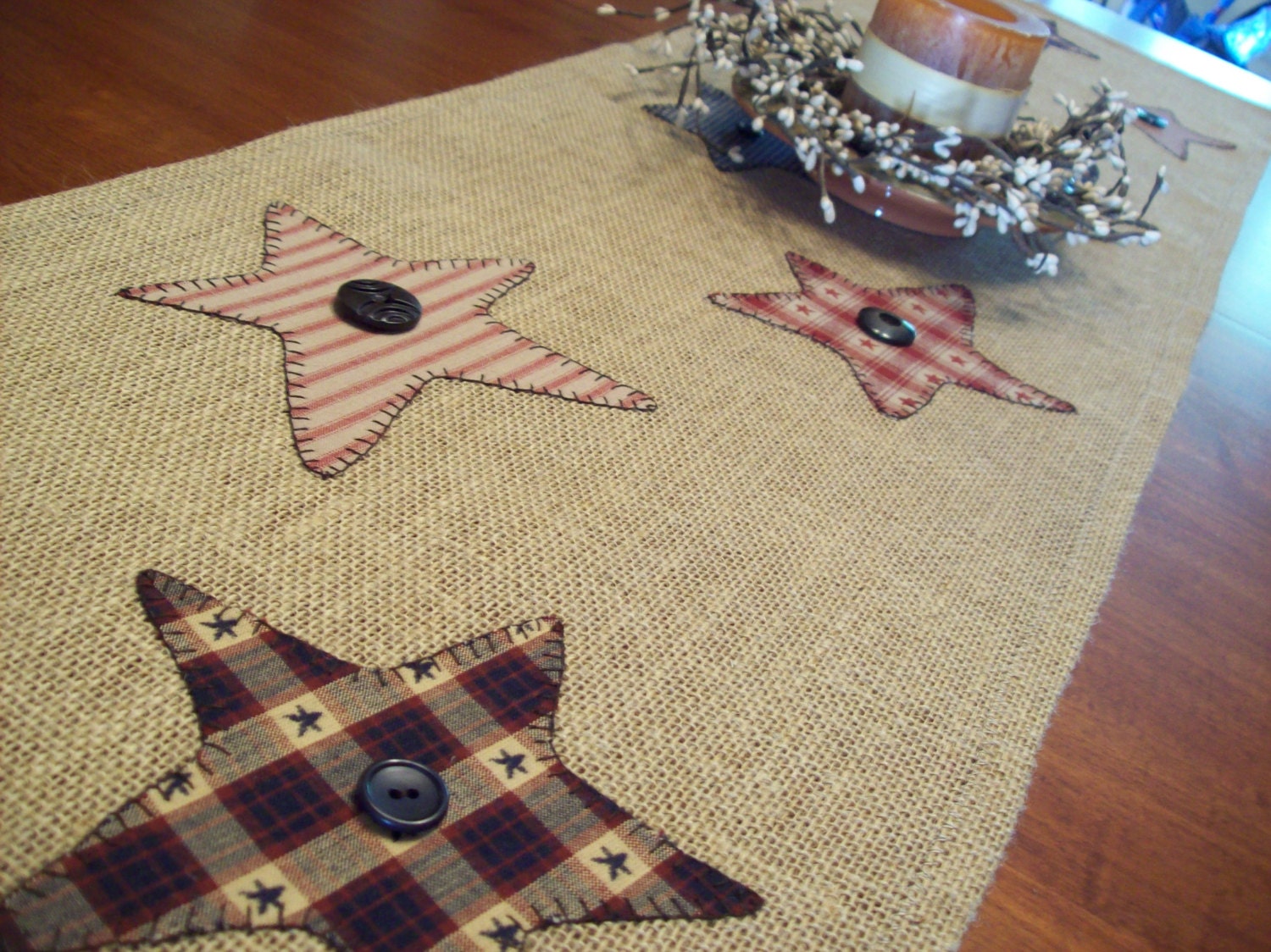 Rustic Country Stars and Stripes Summer Holiday Burlap Table Runner