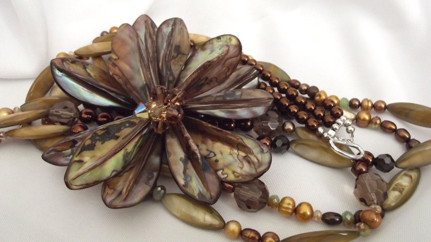 Hand-Made,  Wired Flower, Three Strand Necklace, Mother of Pearl, Faceted Crystal, Wedding, Party, Gift, Necklace Set