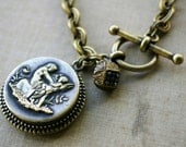 Toggle Bracelet, Antique Button Bracelet, Cupid's Love, Chunky Vintage Chain Bracelet with Antique Picture Button