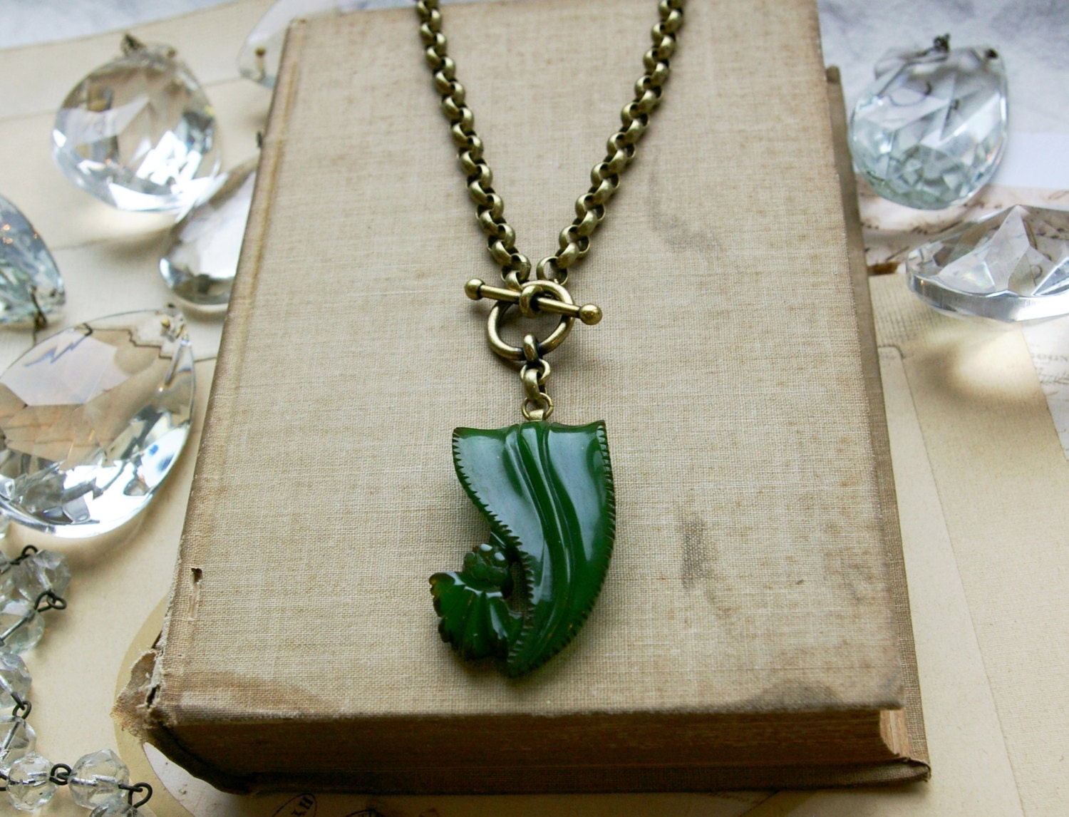 Vintage Bakelite Necklace, Green Bakelite, Toggle Necklace, Upcycled Jewelry, Unique Jewelry