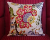 Floral Pillow Cover, Same Fabric Both Sides, Spring or Summer, Designer Decorative Throw Pillow, Rusty Red, Yellow, Blue, Green 16"
