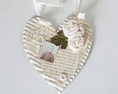 Romantic White Heart Card Decoration - Shabby Chic Vintage Fairy Tale Story - Mixed Media Textile Collage Gift for Friend