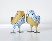 Fabric Bird Wedding Cake Toppers - Mini Petite Blue Floral and Tan Love Birds, Spring Summer Floral Garden Party Wedding - Ready to Ship
