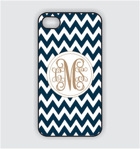 Rubber iPhone 4 Case - Navy Blue Chevron with Gold Monogram iPhone Case, iPhone 4s Case, Cases for iPhone 4, Hard iPhone 4 Case