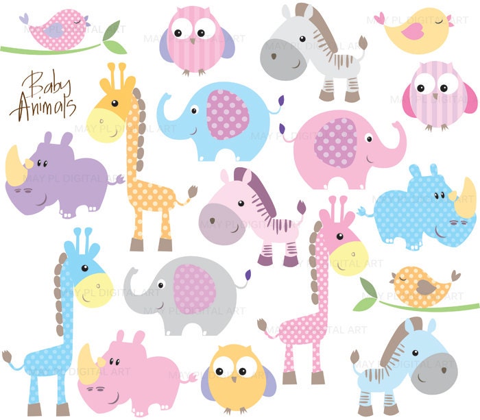 Baby Animals Clip Art Cute Baby Shower Pastel Elephant Giraffe Owl Bird Rhino Zebra Clipart Illustrations Instant Download 10421