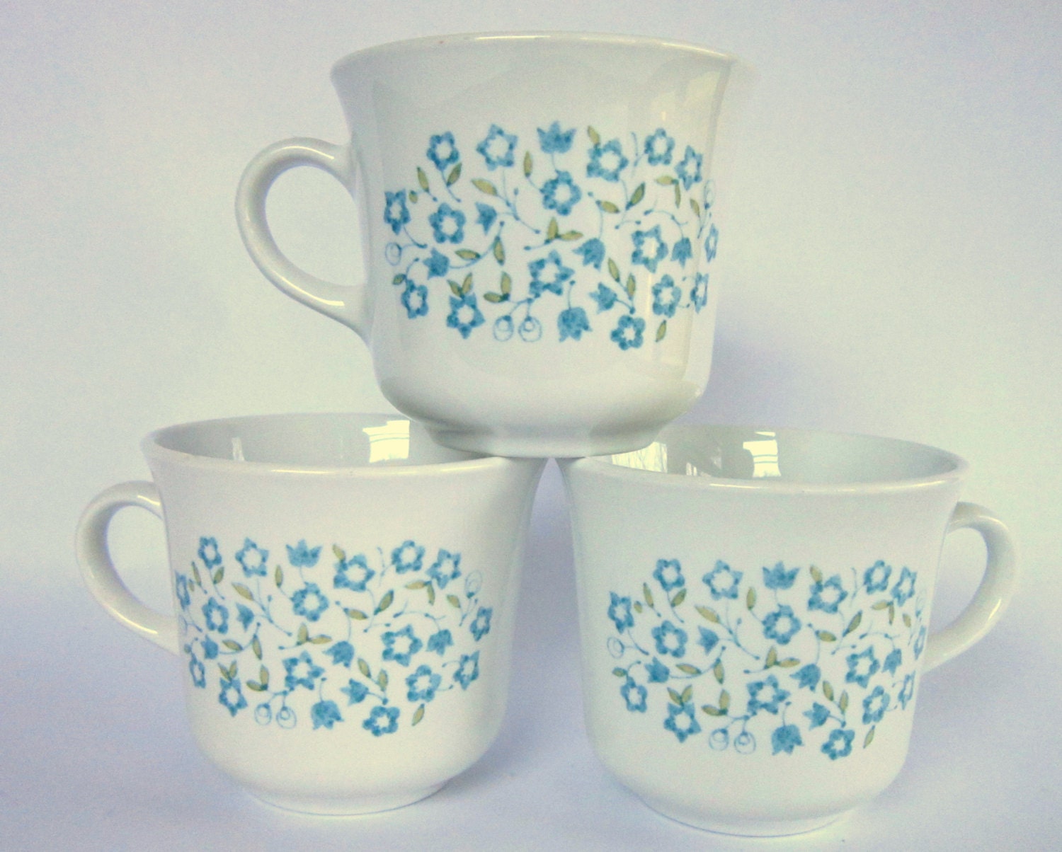 Vintage Corelle "Blue Heather" Cups, Set of 3 Floral Centura Mugs, Blue & Green Flowers