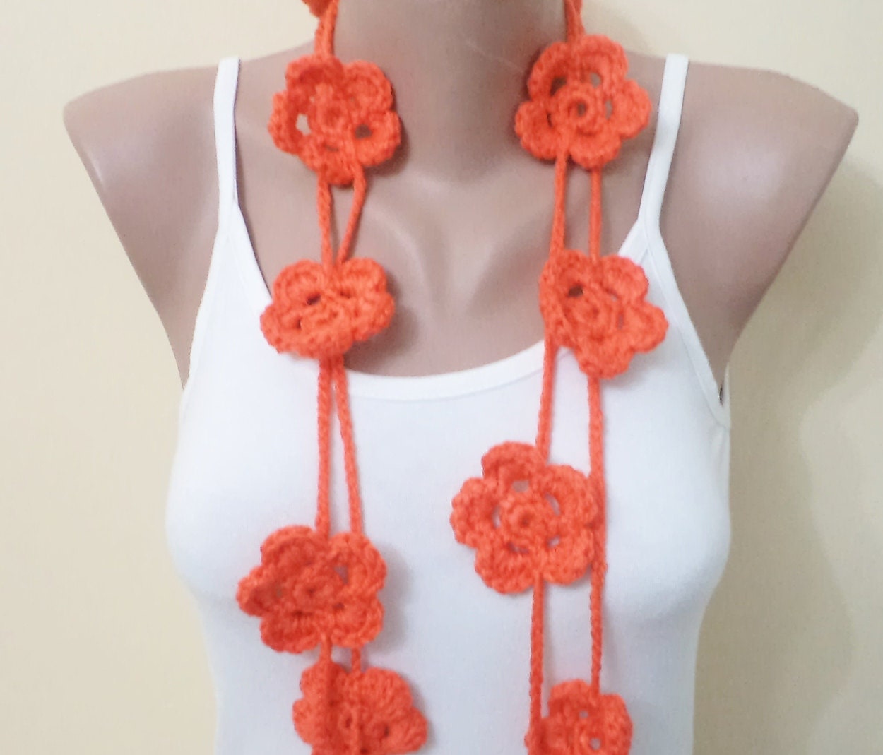 Flowers, Lariat scarf, Handmade scarf with flowers. new fashion, orange lariat, home decor, spring trend, women accessories, mom gifts