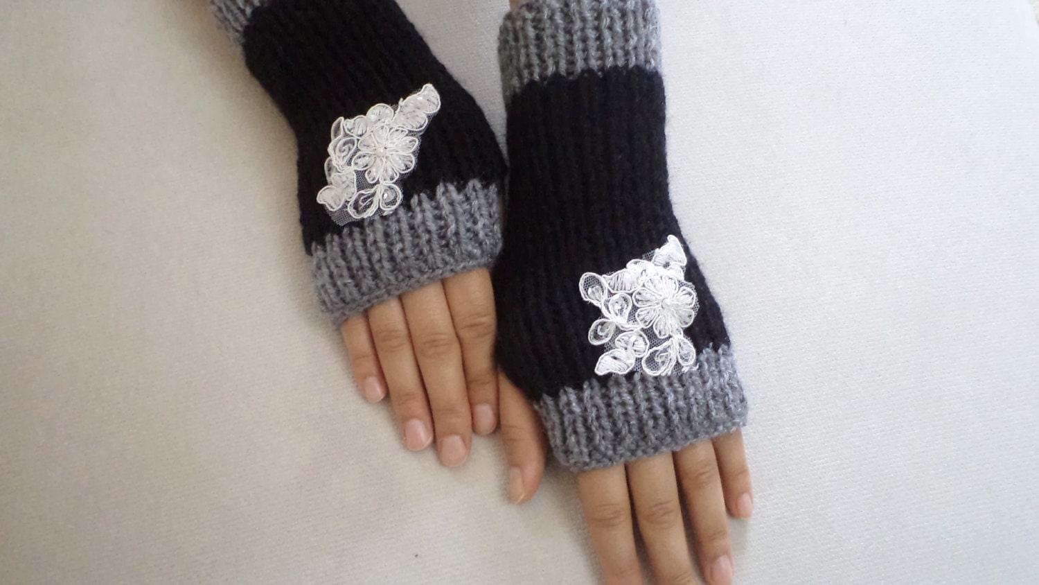NEW, Trend,  Handmade Glove, gloves, women accessory, black and grey gloves whit white beaded lace, lace gloves, summer trends