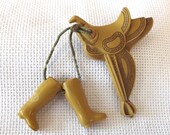 Vintage Celluloid Brooch, Saddle with Dangle Boots, Western, COLLECTIBLE, Costume Jewelry