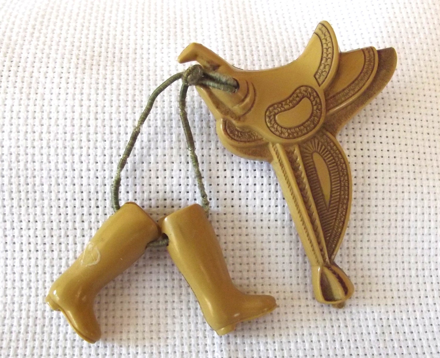 Vintage Celluloid Brooch, Saddle with Dangle Boots, Western, COLLECTIBLE, Costume Jewelry