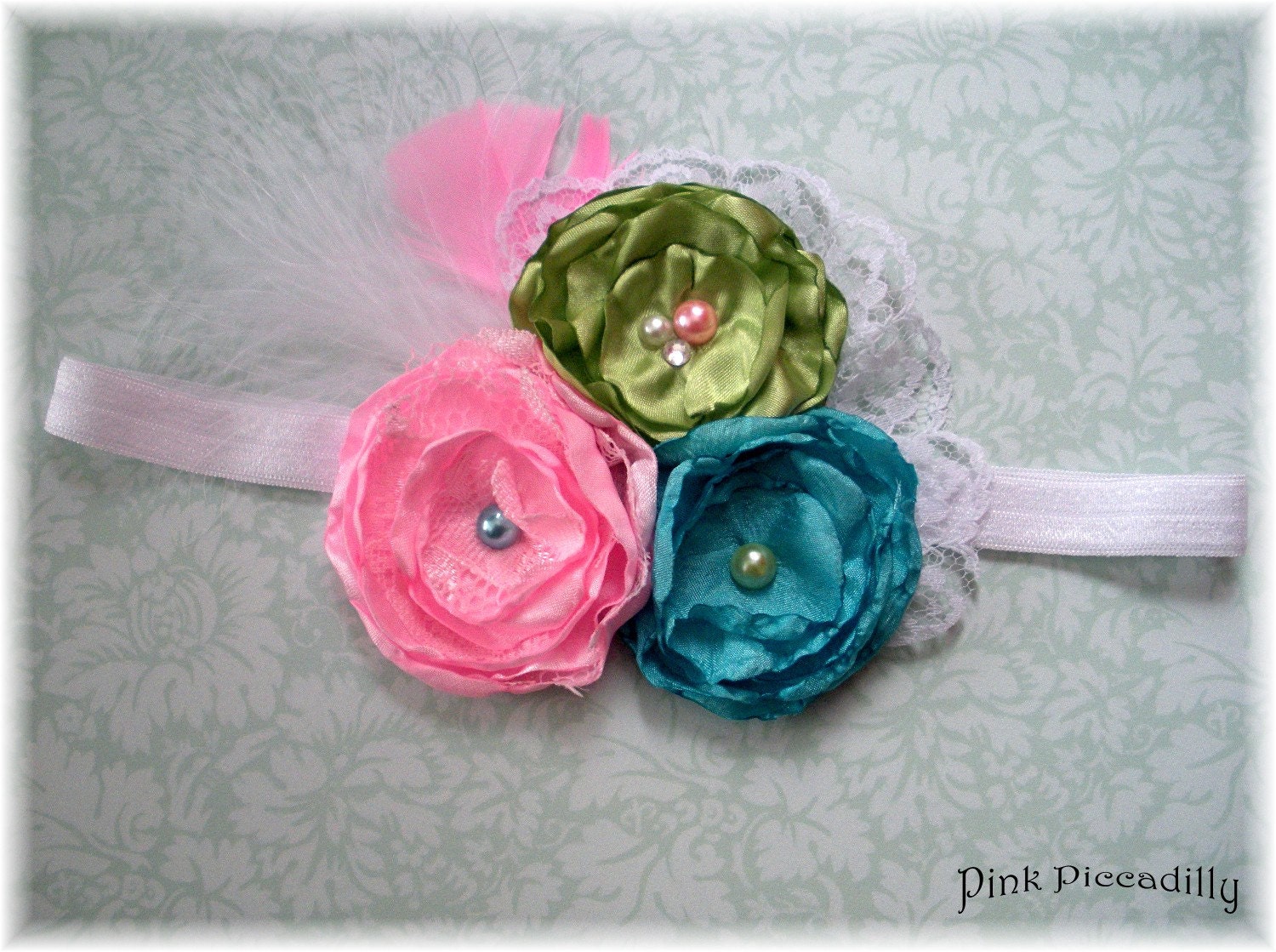 M2M Matilda Jane House of Clouds- Shabby Chic Cluster of 3 Handcut Satin Fabric Flowers Encased with White Lace and Feathers -1st Birthday