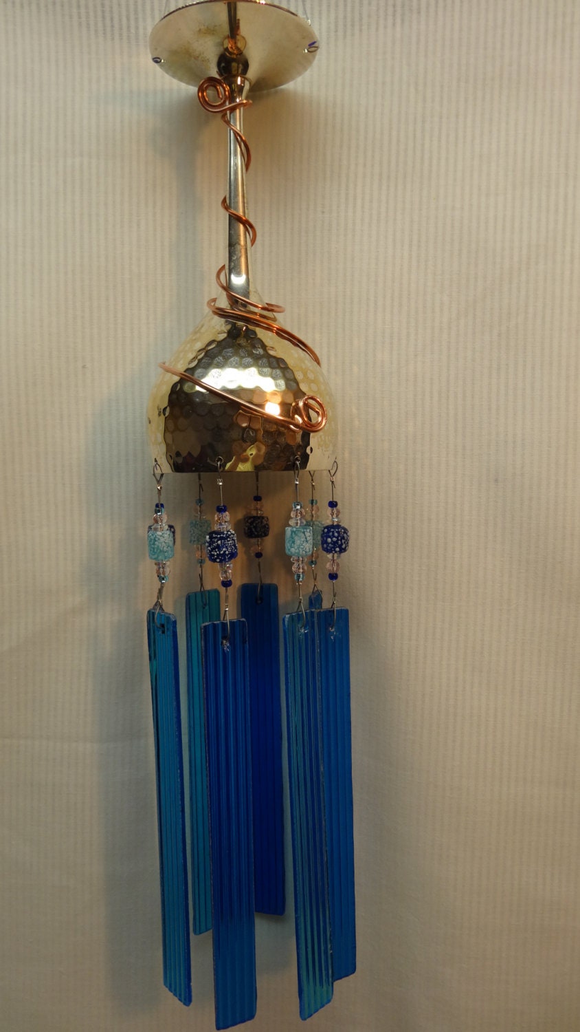 Whimsical, Handmade, Recycled, Blue, Turquoise, Tropical, Ocean Colored Glass Wind Chime WC-09