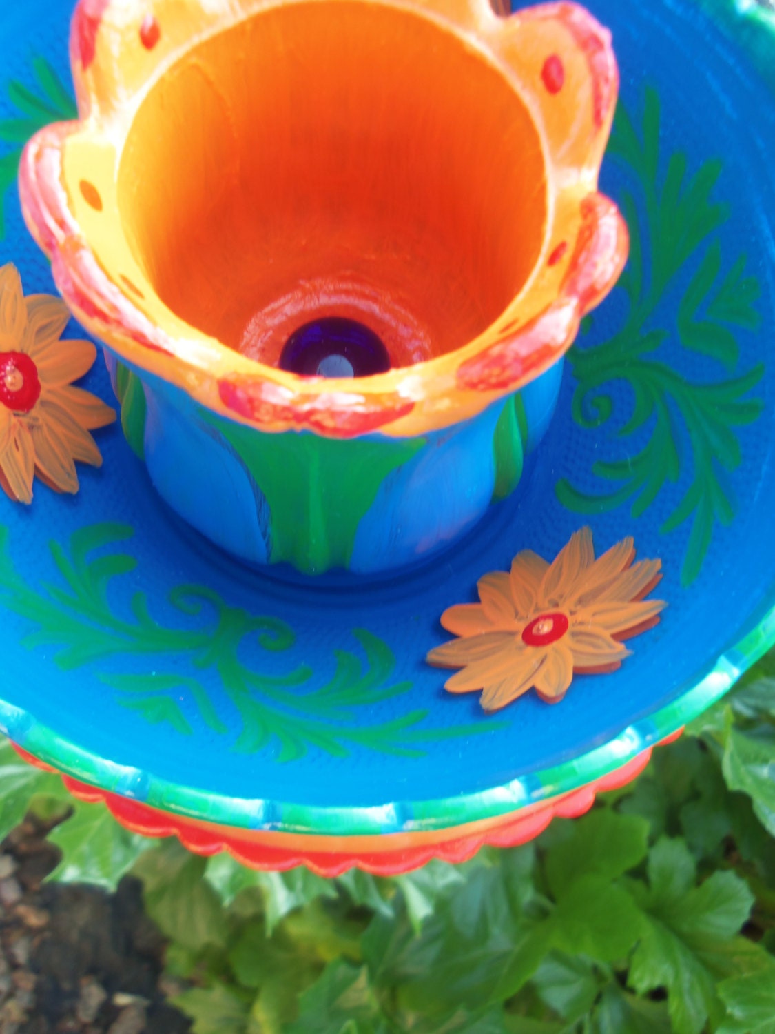 Old World Style Garden Art - Glass Plate Flower- Hand Painted in Orange, Blue & Green - Garden Decor - Garden Sculpture - Yard Art