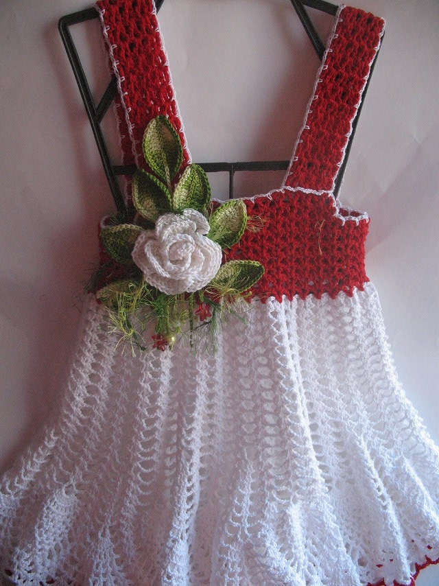 Summer Dress  in Red and White with Rose for Girl Cotton OOAK