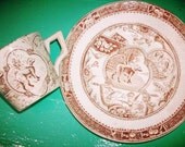 Vintage Beautiful Staffordshire no 766 Transferware Child's Cup  Saucer Floral Dog with Child Brown & White Motif