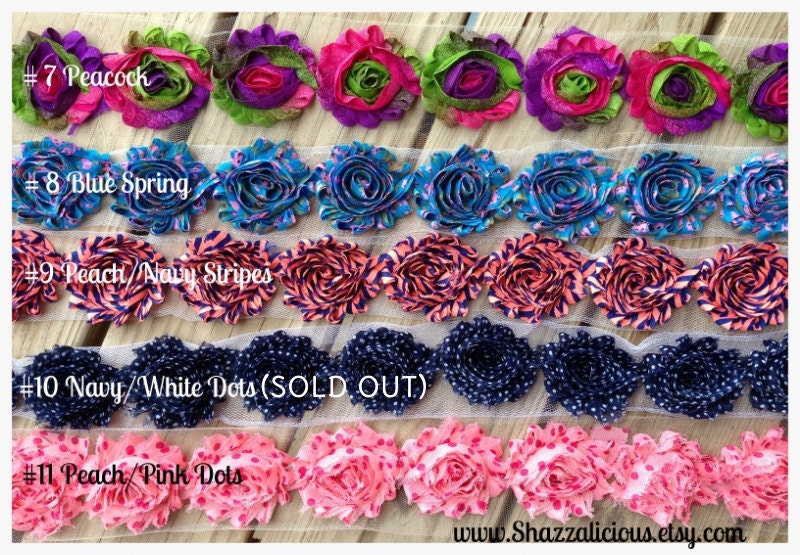 5 Yards Patterned Shabby Chiffon Flowers YOU PICK 10 colors 1/2 yard increments beautiful rosettes wholesale baby headband supply polka dot
