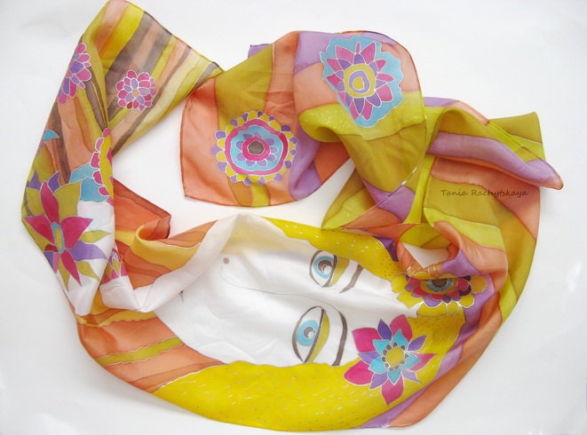 Hand painted silk scarf. 100% silk. Modern Flowers. Face girl. Unique. Spring Fashion. Orange. Yellow. Lilac. White.   Size 70'' x 14''