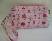 Flat Wristlet Gadget Case in Pink Sweetcakes and Cupcakes Doodlebug Design Fabric with Pink Stripe Lining