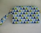 Wristlet Gadget Case in Blue and Green Triangle Fabric with Navy Blue Circle Fabric Lining