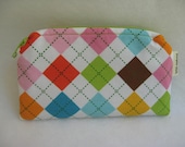 Small Zippered Wallet in Multi Argyle Fabric with Green Circle Lining