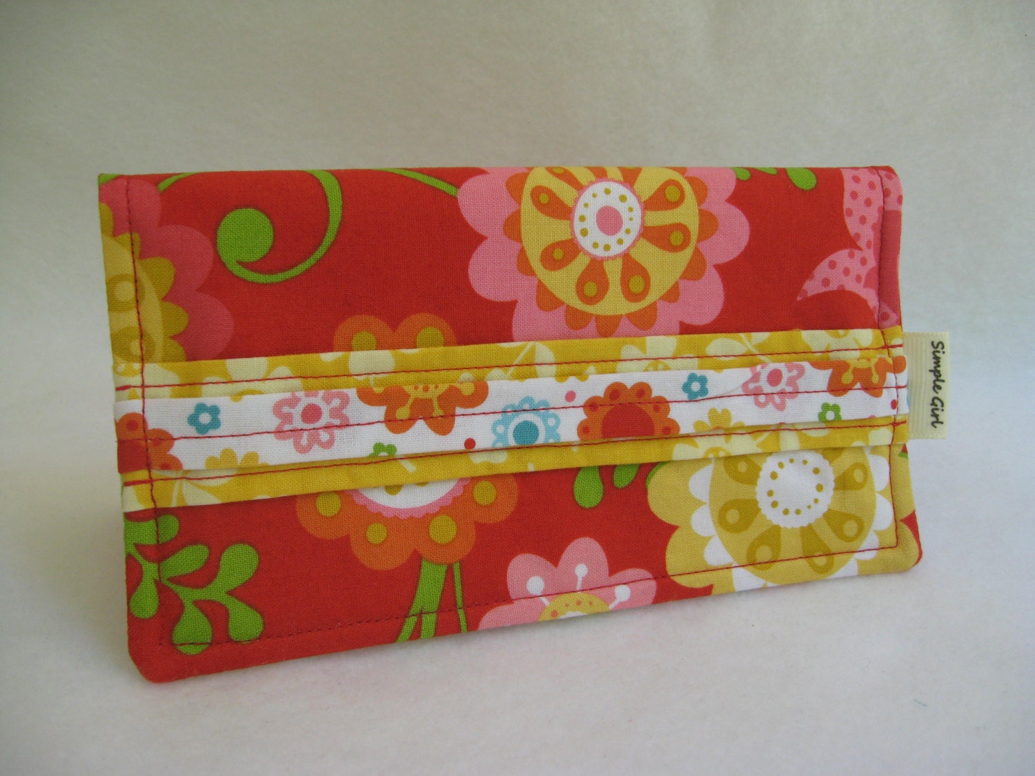 Checkbook Cover in Red Flower Print Fabric with Flowers on White for Inside Pockets