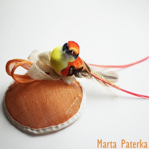Handmade Spring Orange Sinamay Fascinator Hat with Bird