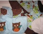 Owl baby boy gift set, brown minky blanket, 2 burp cloths, 2 bibs, waterproof  diaper bag, owl nursery bedding