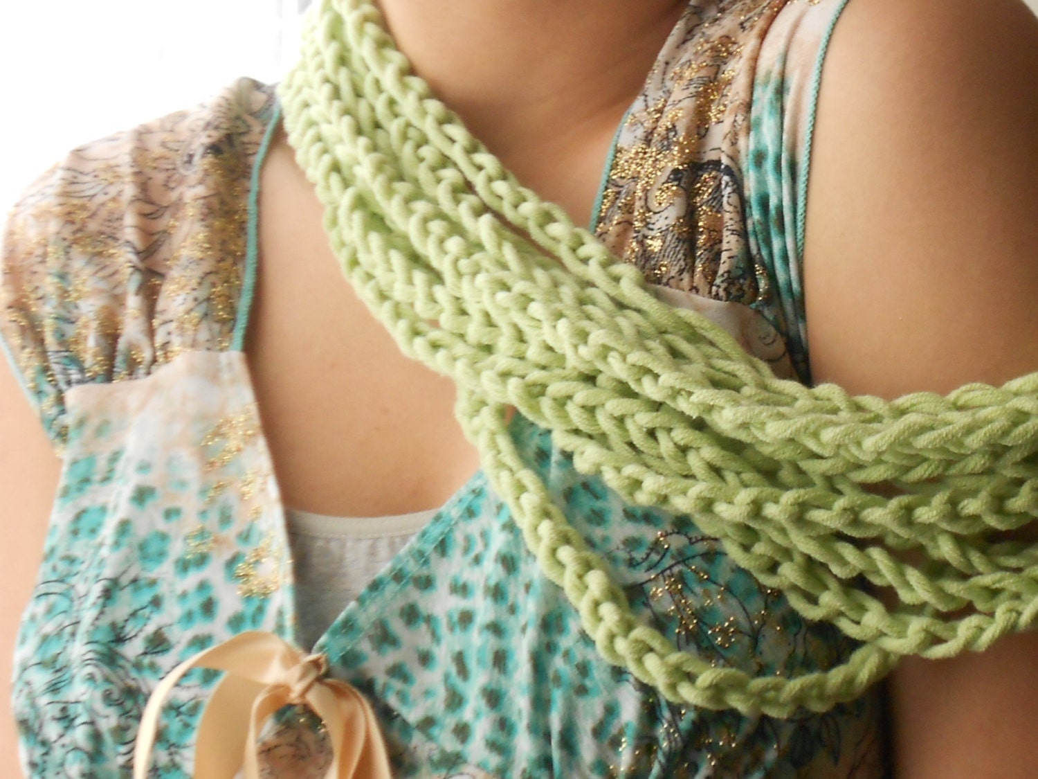 Sensuous Pear Green Crocheted Cotton Yarn Scarflette