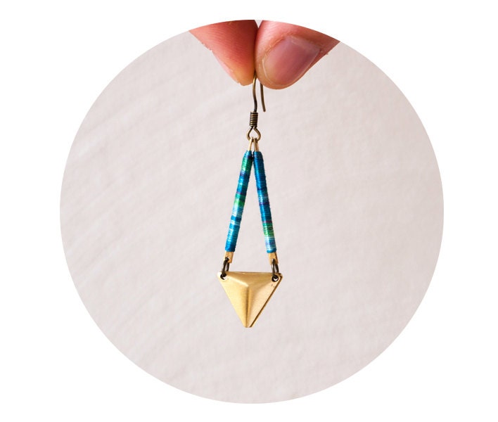 Long Triangle Earrings -  brass and green dyed thread tribal inspired earrings