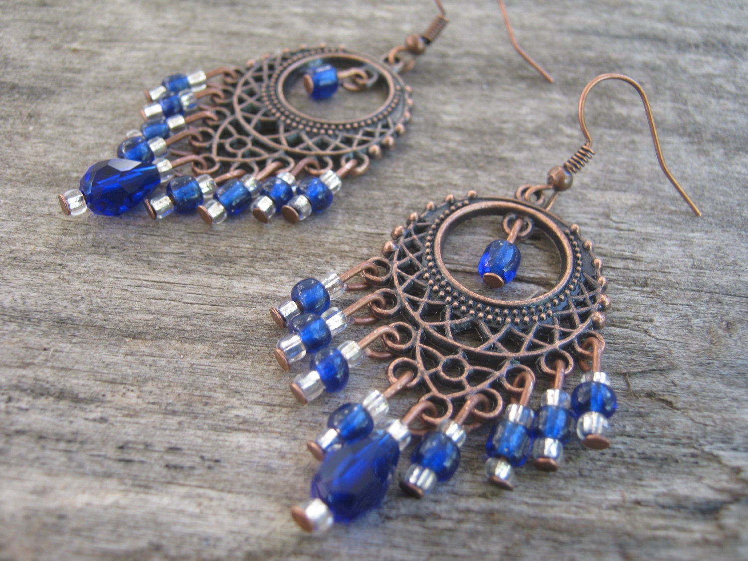 Cobalt Blue Antique Copper Chandelier Earrings, Faceted Briolette Teardrops