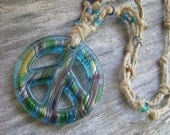 Giant Blue Tie Dye Peace Sign Necklace, Boho Hemp and Double Sided