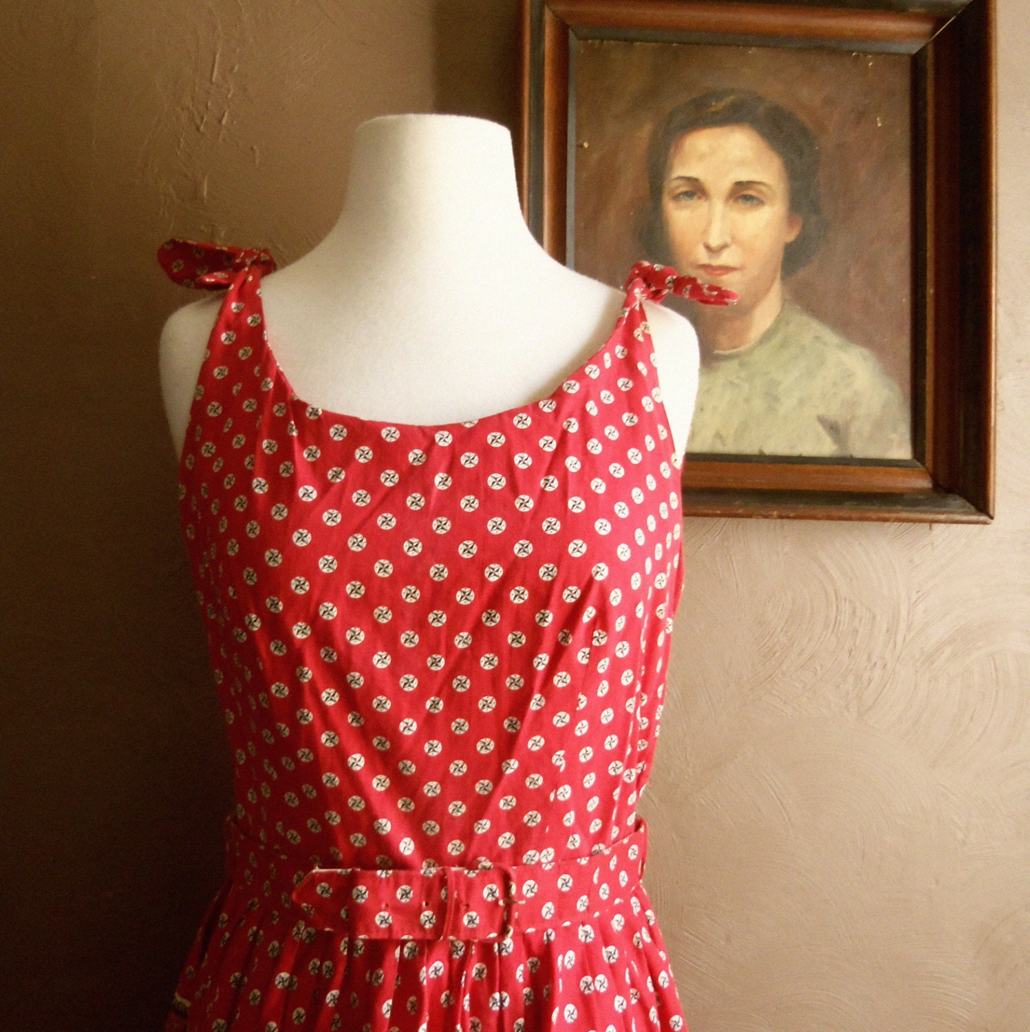 Burning Daylight 1950s Red Day Dress with Barn/Compass/Cornucopia/Apple/Floral Novelty Print and Shoulder Tie Detail