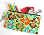 Fabric Pencil Case Pencil Pouch - Green with Monkeys - Kid's School Accessories