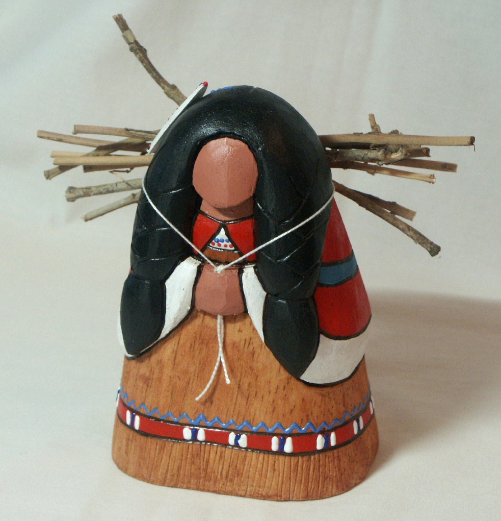 Gatherer Woman Native American faceless art doll ethnic OOAK collectible wood carving
