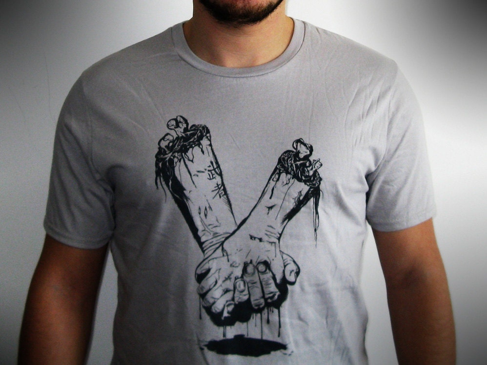 Men t shirt zombie light gray black original goth scary blood shirt bone walking dead