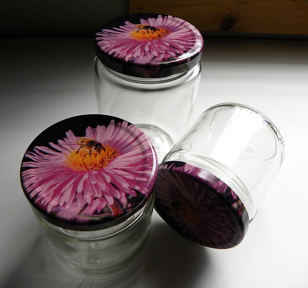 Vintage French Set of 3 Honey Bee Jam Jars Bakery Cafe Montreal Bee Flower Designs sturdy glass sweet honey bee collection