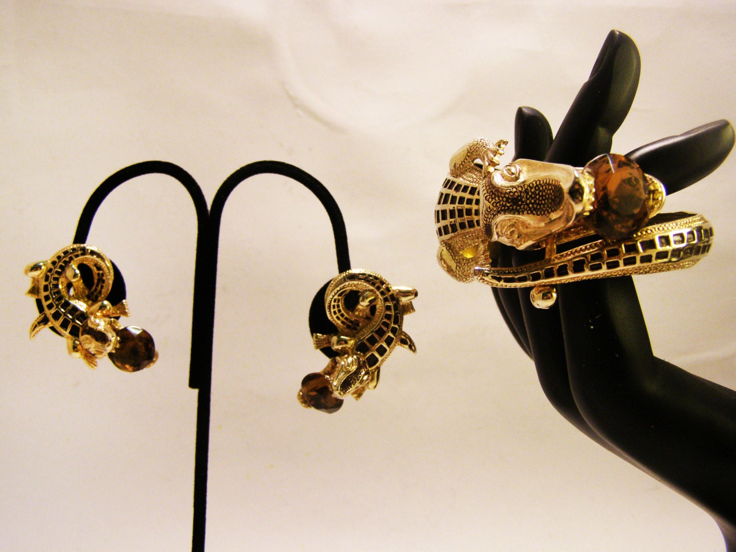Rare Vintage Kafin Brown Alligator with Amber Rhinestone Bracelet and Earrings Set