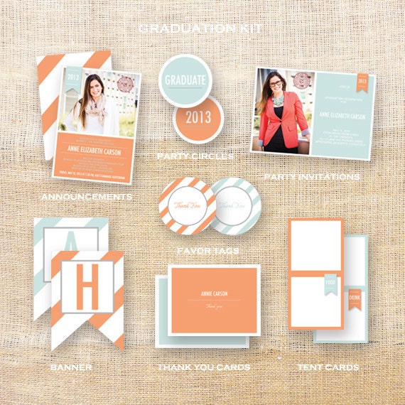 GRADUATION Kit - Custom Graduation Announcements, Party Invitations, Thank You Cards, Banner, Party Circles, Etc.