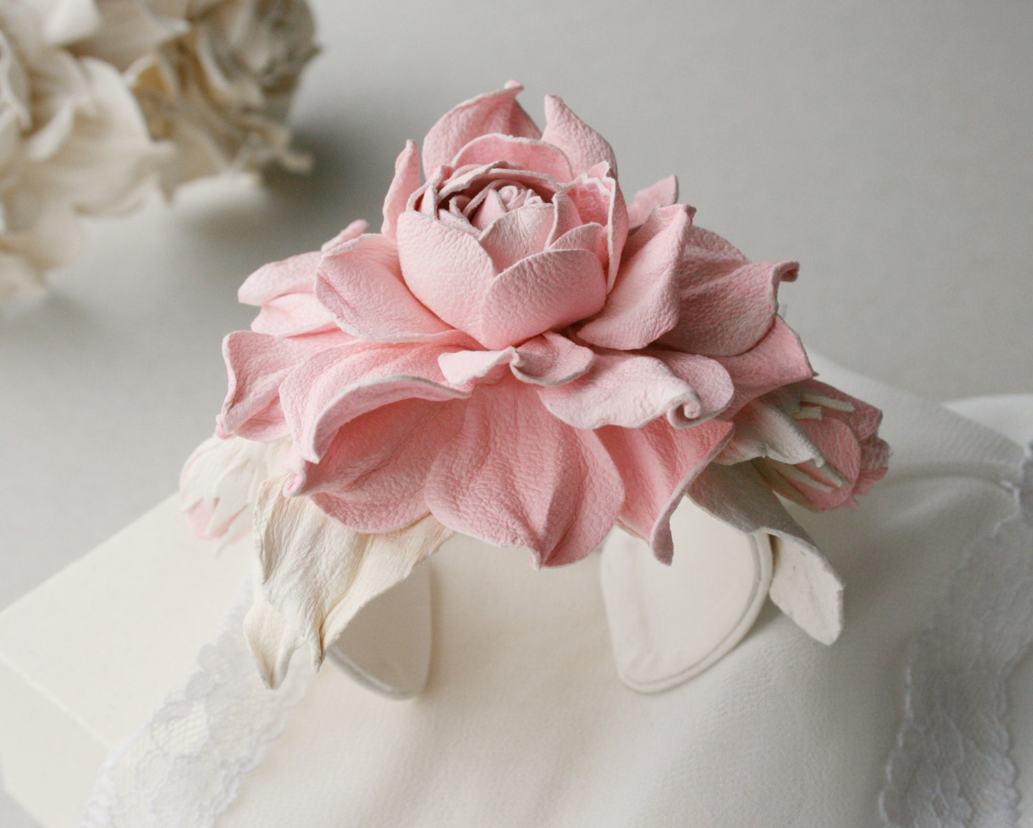 Pink/white/ivory leather rose flower bracelet - Made to Order