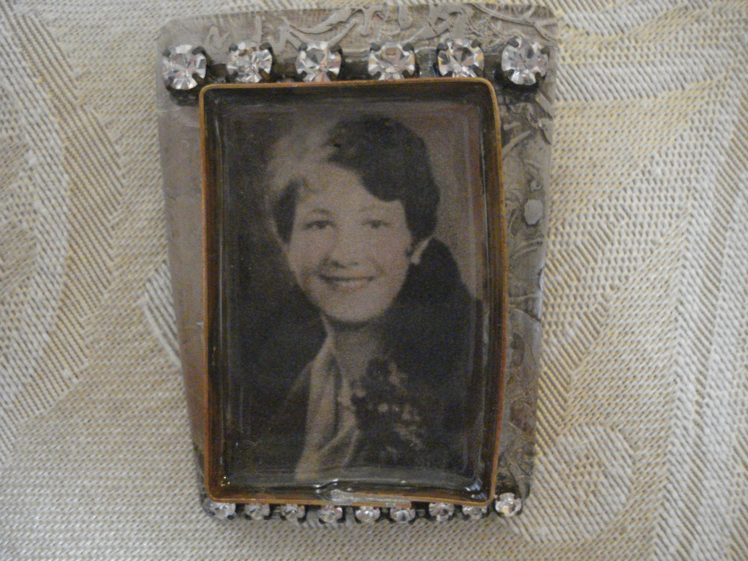Custom Keepsake Brooch Etched Nickel with Rhinestones