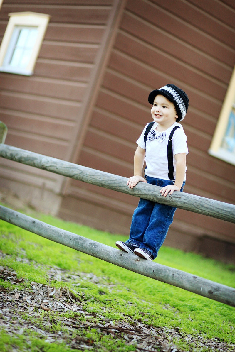 GET THE SET - Baby Boy Bow Tie Onesie  with Suspenders and matching hat  - Black and White