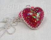 Pendant: red glitter resin heart in sterling silver handmade bezel