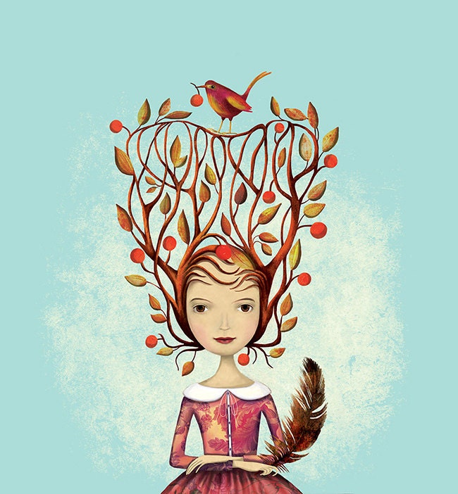 Fall Fairy Thanksgiving Illustration Print Tree Branch Brown Autumn Feather Leaves Bird Yellow Nature Pink Turquoise