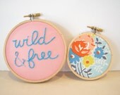 Embroidery Hoop Wall Art Home Decor Set of Two - "Wild & Free" in pastel pink and aqua - wildflower floral print, boho, inspirational quote