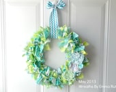 Rag Ribbon Fabric Scrap Wreath in Blues and Greens with fun patterns and chevron ribbon