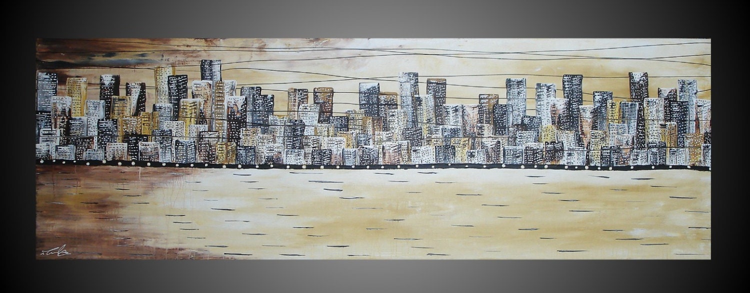 72 x 24 Oversized City Art Abstract Acrylic Painting on large Canvas Skylines Art Deco Brown Black White NEW Ready to hang FREE SHIPPING