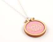 Teapot embroidered necklace - pink and yellow - mini embroidery hoop - made with love by dandelyne