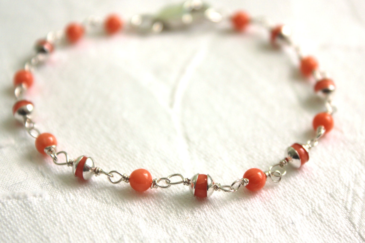 Pink Coral Hand Wire Wrapped  Silver Bracelet:Pile It Beaded Bracelet Perfect For Stacking