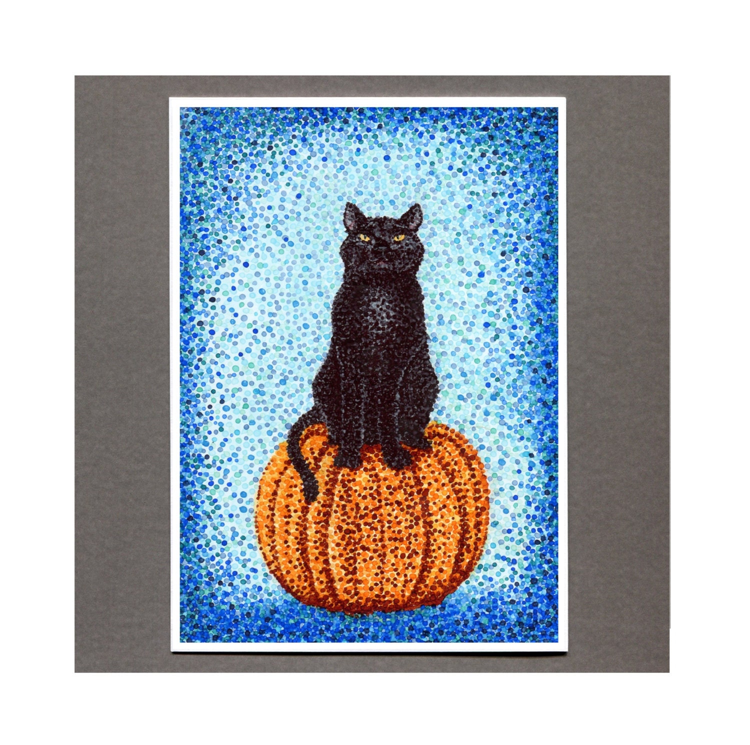 Halloween Black Cat Card, Halloween Greeting Card, 5x7 Pointillism Matte Finish Card