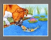 Koi Kisses Greeting Card, Boxer Dog Illustration, 5x7 Koi Fish Pond Art